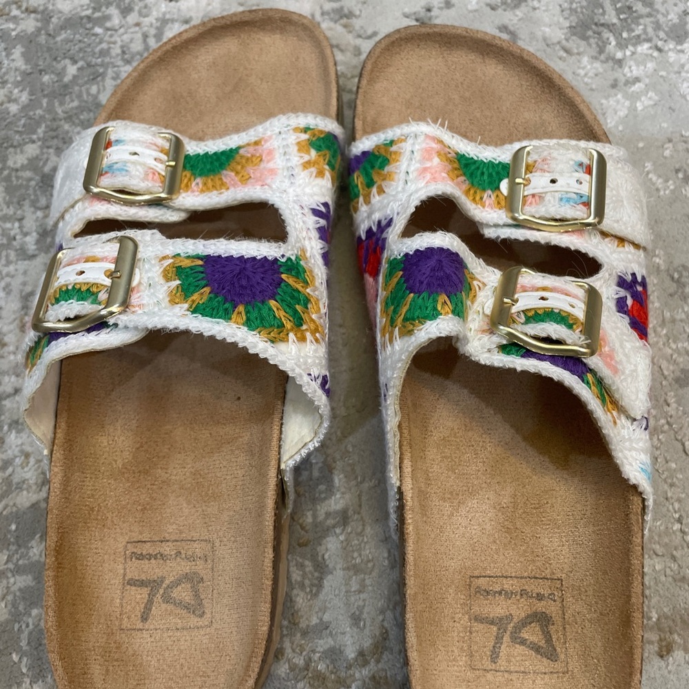 Crochet Double-Buckle Slide Sandals in White with Multicolor Floral Crochet